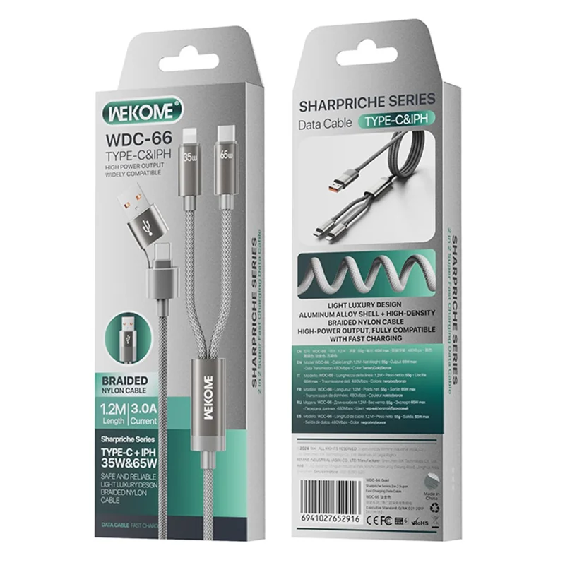 WEKOME WDC-66 USB / Type-C till Type-C / iP-kabel 1,2 m 3 A 65 W extra snabb laddnings- och datasynkkabel - Grå