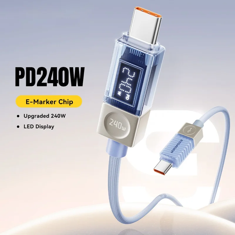 ESSAGER 1m Type-C to Type-C Charging Cable 100W Transparent Digital Display Data Cable - Blue