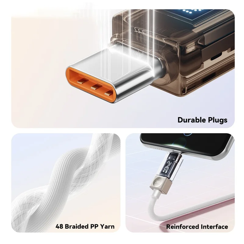 ESSAGER 1m Type-C to Type-C Charging Cable 100W Transparent Digital Display Data Cable - White