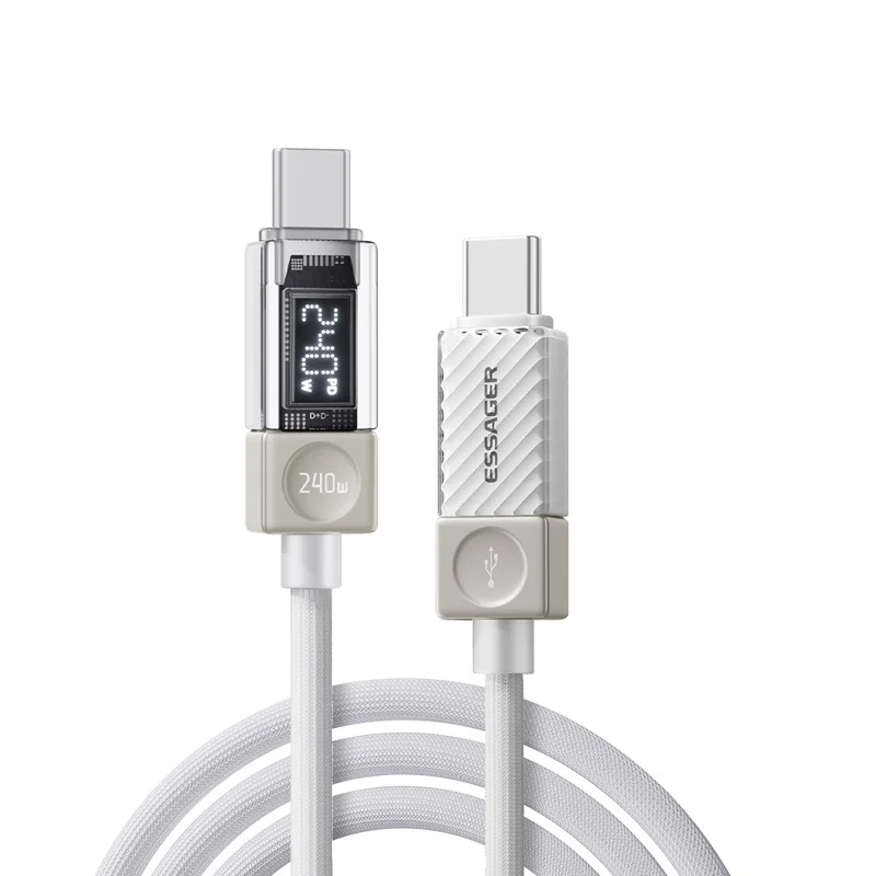 ESSAGER 1m Type-C to Type-C Charging Cable 100W Transparent Digital Display Data Cable - White