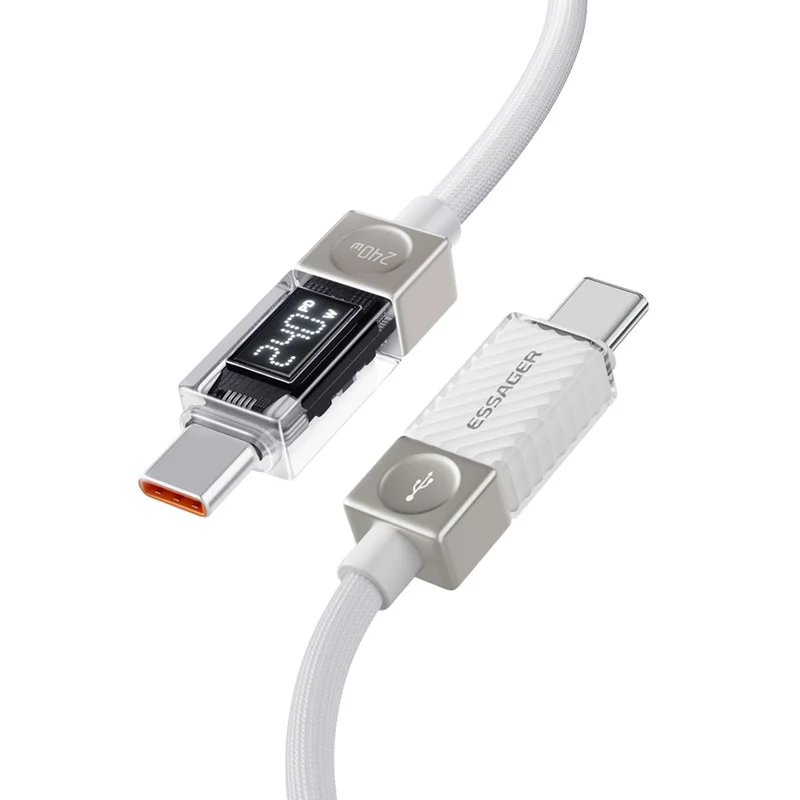 ESSAGER 1m Type-C to Type-C Charging Cable 100W Transparent Digital Display Data Cable - White