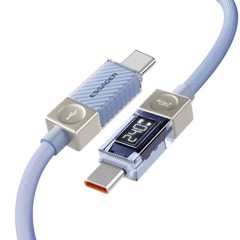 ESSAGER 2m Type-C to Type-C Charging Cable 100W Transparent Digital Display Data Cable - Blue
