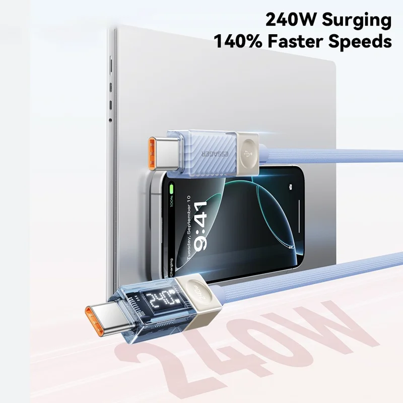 ESSAGER 2m Type-C to Type-C Charging Cable 100W Transparent Digital Display Data Cable - Blue