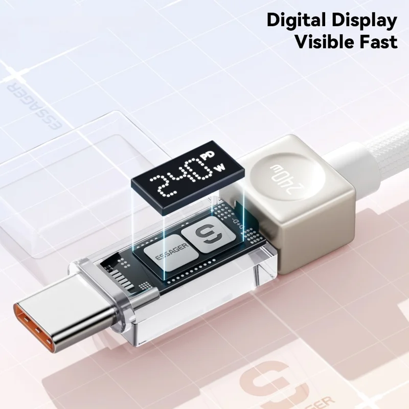 ESSAGER 2m Type-C to Type-C Charging Cable 100W Transparent Digital Display Data Cable - Blue