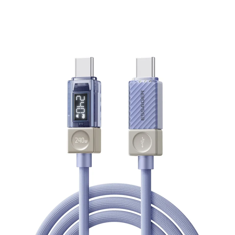 ESSAGER 1m 240W Type-C to Type-C Fast Charging Cable Clear Digital Display Data Cable - Blue