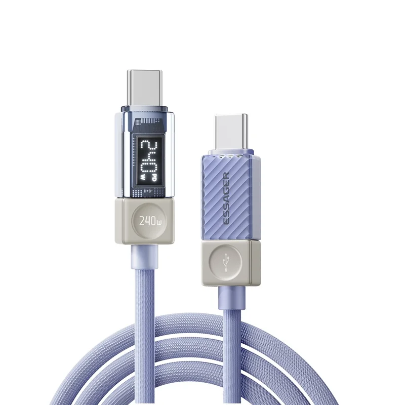 ESSAGER 1m 240W Type-C to Type-C Fast Charging Cable Clear Digital Display Data Cable - Blue