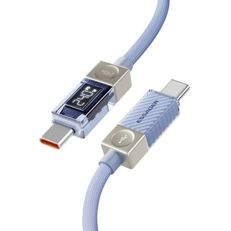 ESSAGER 2m 240W Type-C to Type-C Fast Charging Cable Clear Digital Display Data Cable - Blue