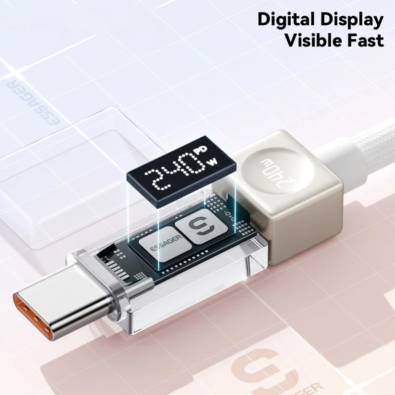 ESSAGER 2m 240W Type-C to Type-C Fast Charging Cable Clear Digital Display Data Cable - Blue