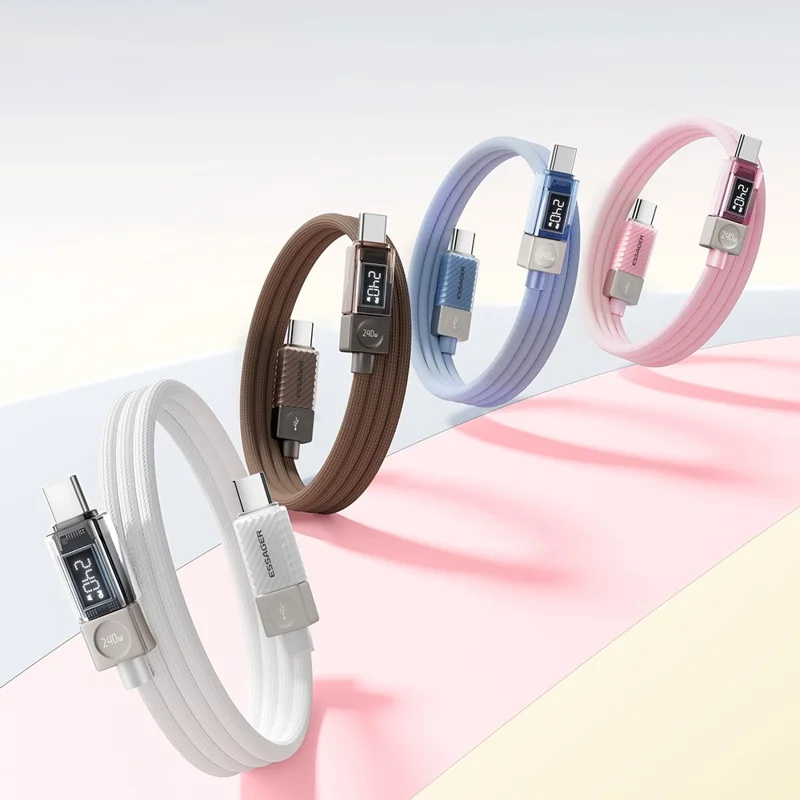 ESSAGER طولها 2 متر وقوة 240 واط، كابل شحن سريع من نوع C إلى نوع C، بكابل بيانات بشاشة رقمية شفافة - وردي