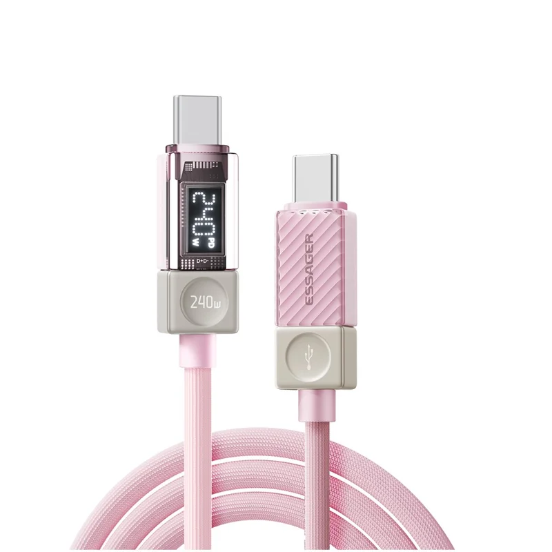 ESSAGER طولها 2 متر وقوة 240 واط، كابل شحن سريع من نوع C إلى نوع C، بكابل بيانات بشاشة رقمية شفافة - وردي