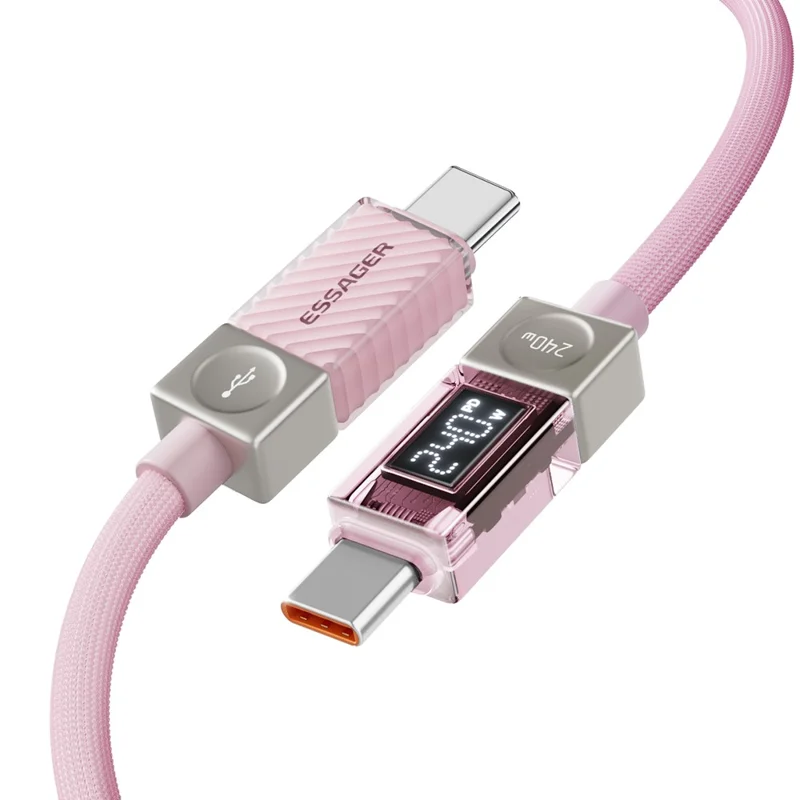 ESSAGER طولها 2 متر وقوة 240 واط، كابل شحن سريع من نوع C إلى نوع C، بكابل بيانات بشاشة رقمية شفافة - وردي
