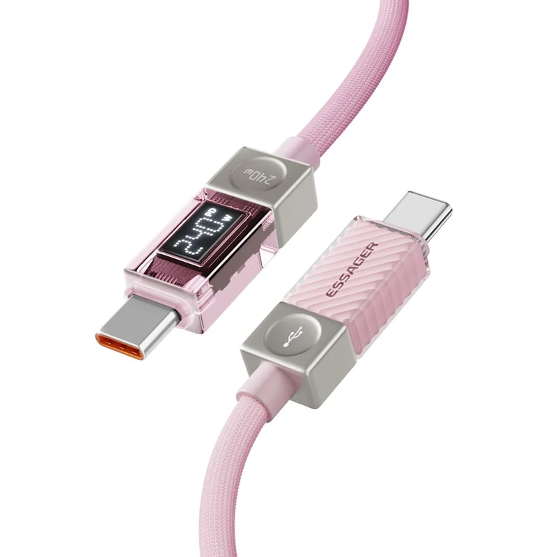 ESSAGER طولها 2 متر وقوة 240 واط، كابل شحن سريع من نوع C إلى نوع C، بكابل بيانات بشاشة رقمية شفافة - وردي