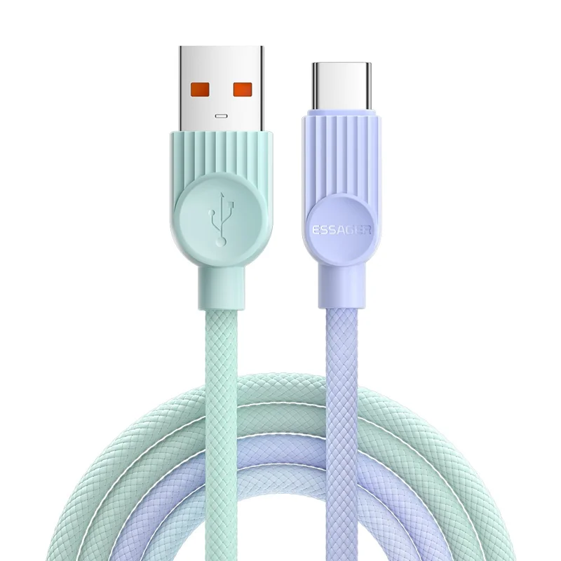 ESSAGER ES-X73 TPE 0.25m A-C 7A 100W Data Cable USB-A to Type-C Fast Charging Cord Smart Chip Control - Viola Verde