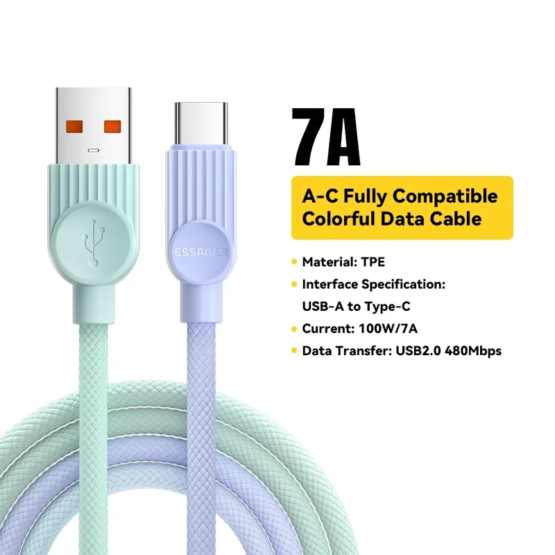 ESSAGER ES-X73 1m USB-A to Type-C Cable 7A 100W Fast Charging Data Sync Cord for Phone  /  Tablet - Purple  /  Green