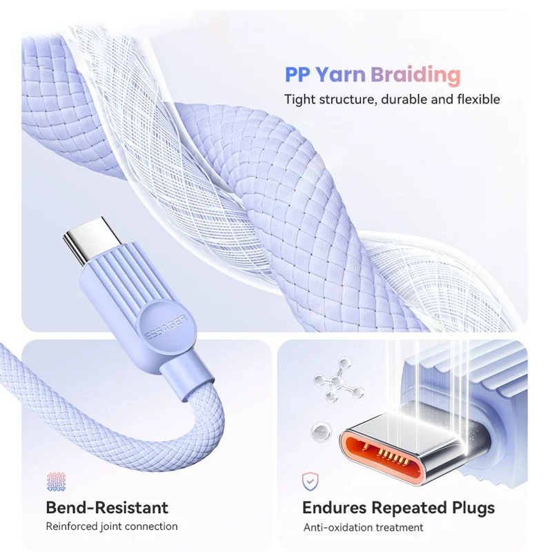 ESSAGER ES-X73 2m USB-A to Type-C Cable 7A 100W Fast Charging Data Sync Cord for Phone  /  Tablet - Purple  /  Green