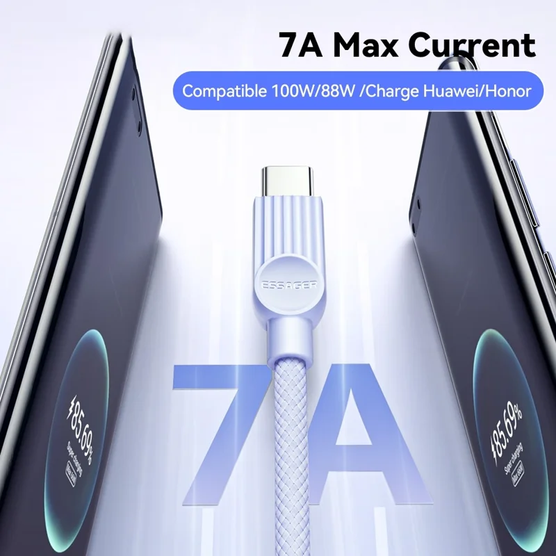 ESSAGER ES-X73 2m USB-A to Type-C Cable 7A 100W Fast Charging Data Sync Cord for Phone  /  Tablet - Purple  /  Green