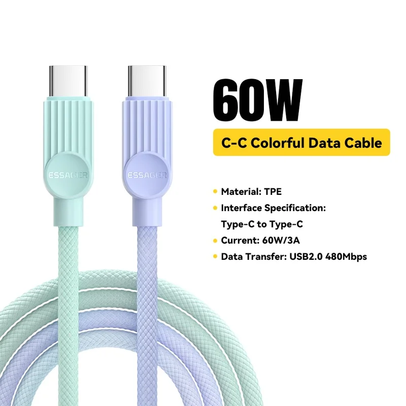 ESSAGER ES-X73 1m USB-C to USB-C Cable 60W Fast Charging Data Cable Smart Chip Control - Purple  /  Green