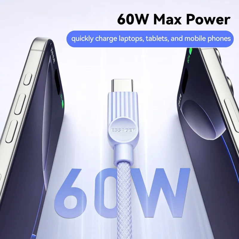 ESSAGER ES-X73 1m USB-C to USB-C Cable 60W Fast Charging Data Cable Smart Chip Control - Purple  /  Green