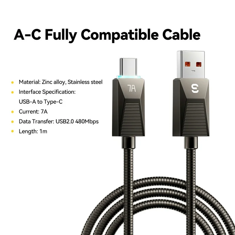 ESSAGER 1m USB A to USB C Stainless Steel Cable 7A Fast Charging 480Mbps Data Sync Cord
