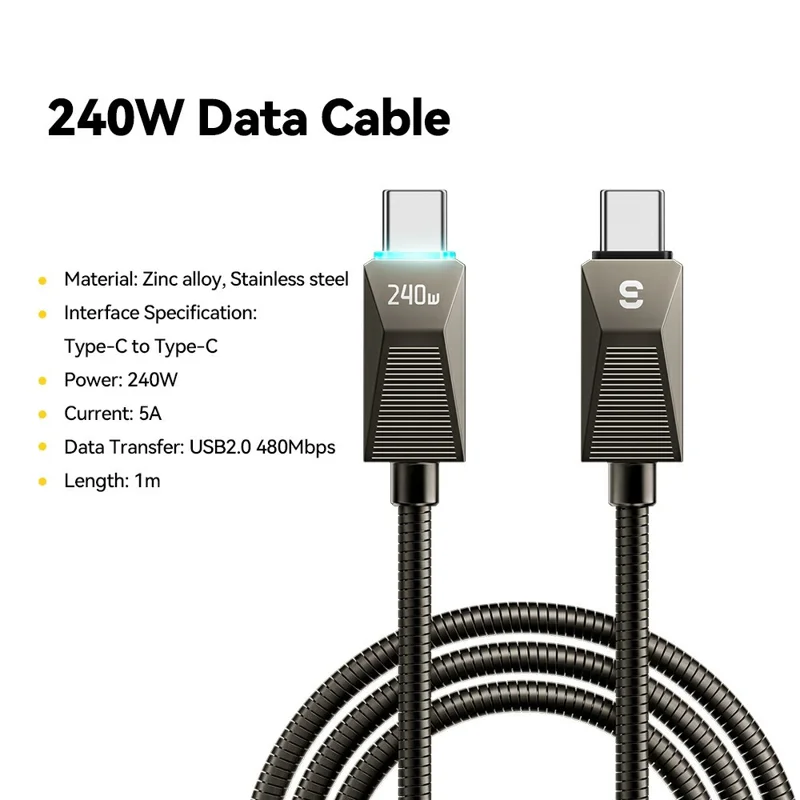 ESSAGER 1m 240W Fast Charging Wire USB C to USB C Stainless Steel Data Transfer Cable