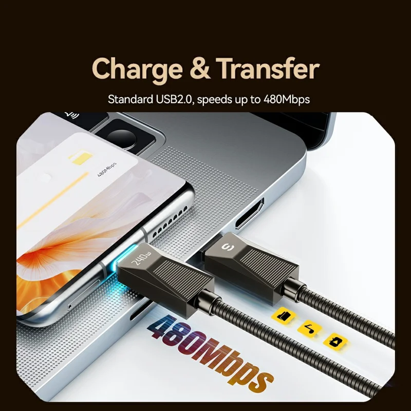 ESSAGER 1m 240W Fast Charging Wire USB C to USB C Stainless Steel Data Transfer Cable