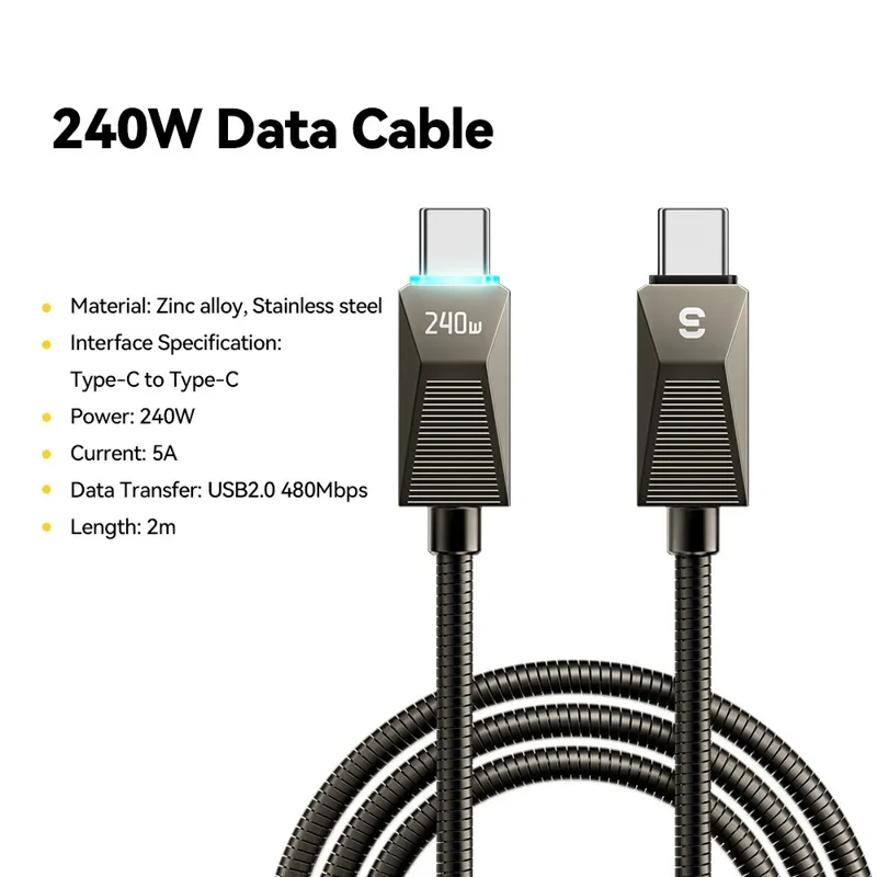 ESSAGER 2m 240W Fast Charging Wire USB C to USB C Stainless Steel Data Transfer Cable