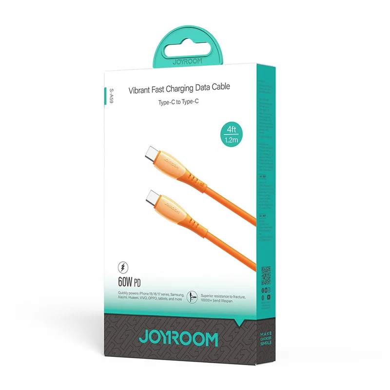JOYROOM S-A59 1,2 m Type-C till Type-C kabel 60 W snabbladdning dataöverföring – Orange