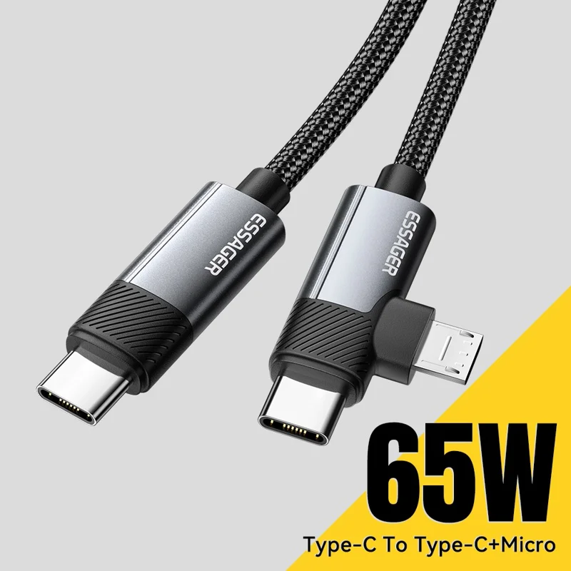 ESSAGER 0.25m C-C+M 65W Aluminum Alloy Data Cable Type-C to Type-C+M Fast Charging Cable - Grey