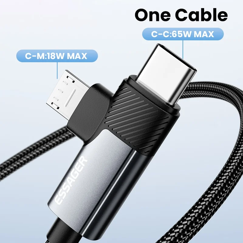 ESSAGER 0.25m C-C+M 65W Aluminum Alloy Data Cable Type-C to Type-C+M Fast Charging Cable - Grey