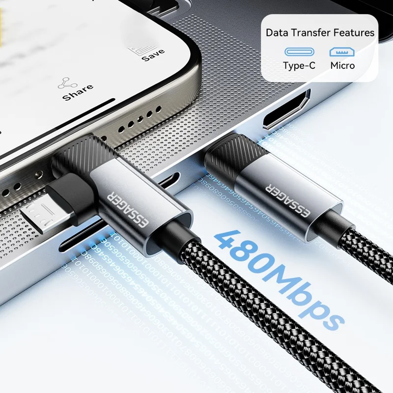 ESSAGER 1m C-C+M 65W Aluminum Alloy Data Cable Type-C to Type-C+M Fast Charging Cable - Grey