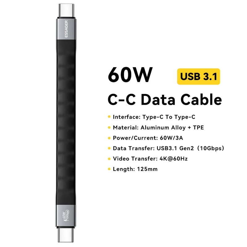 ESSAGER 0.125m 60W USB3.1 Full Function Data Cable Type-C to Type-C Charging Cord 40Gbps High Speed Transfer - Black