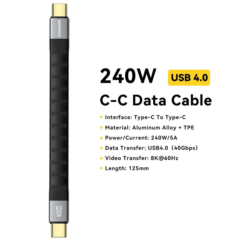 ESSAGER 0.125m 240W USB4.0 Full Function Data Cable Type-C to Type-C Charging Cord 40Gbps High Speed Transfer - Black