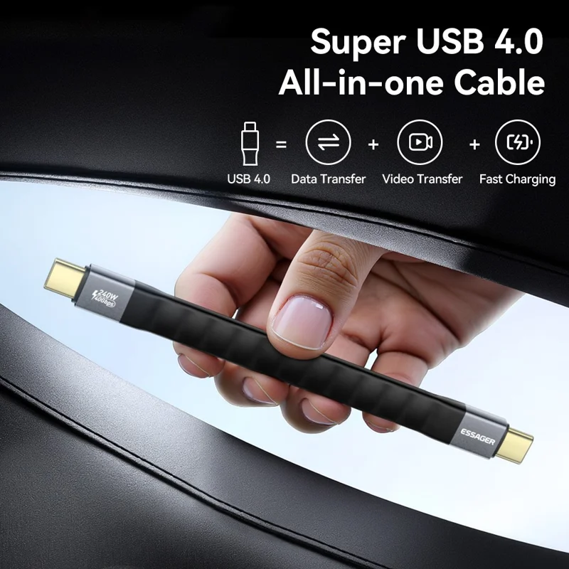 ESSAGER 0.125m 240W USB4.0 Full Function Data Cable Type-C to Type-C Charging Cord 40Gbps High Speed Transfer - Black