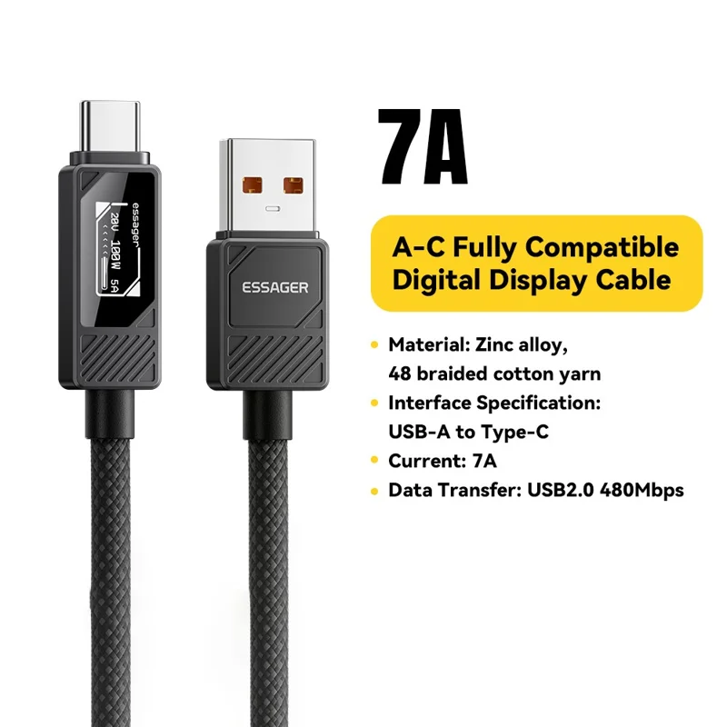 ESSAGER USB-A to USB-C Cable 7A 100W Digital Display Fast Charging Data Cable 0.25m
