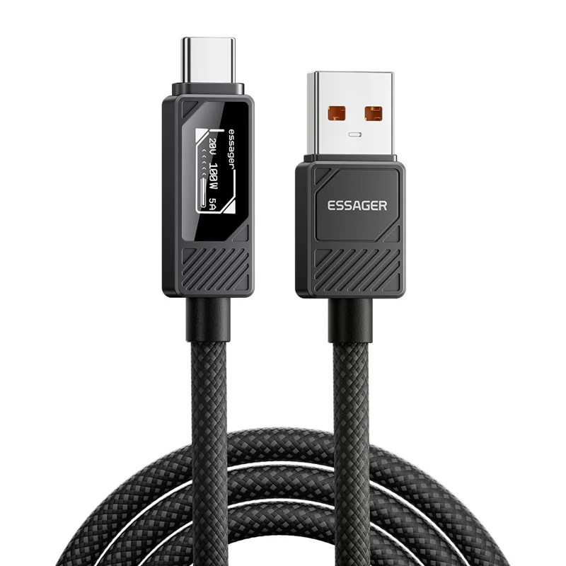 ESSAGER Smart Display USB-A to USB-C Cable 7A Fast Charging 100W Power Delivery Data Cable 2m