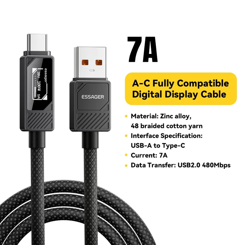 ESSAGER Smart Display USB-A to USB-C Cable 7A Fast Charging 100W Power Delivery Data Cable 2m