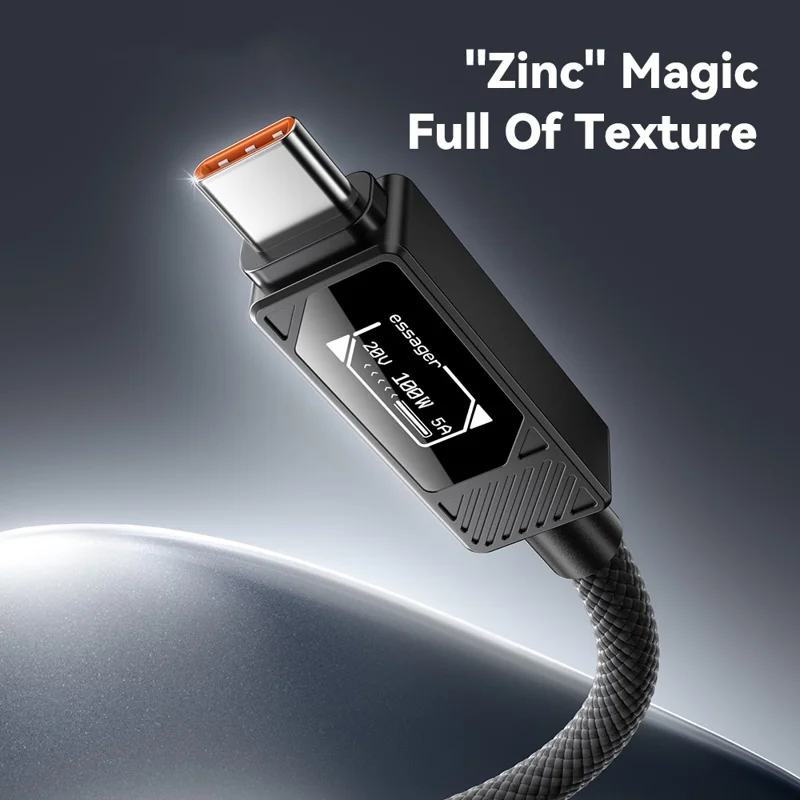 ESSAGER Smart Display USB-A to USB-C Cable 7A Fast Charging 100W Power Delivery Data Cable 2m