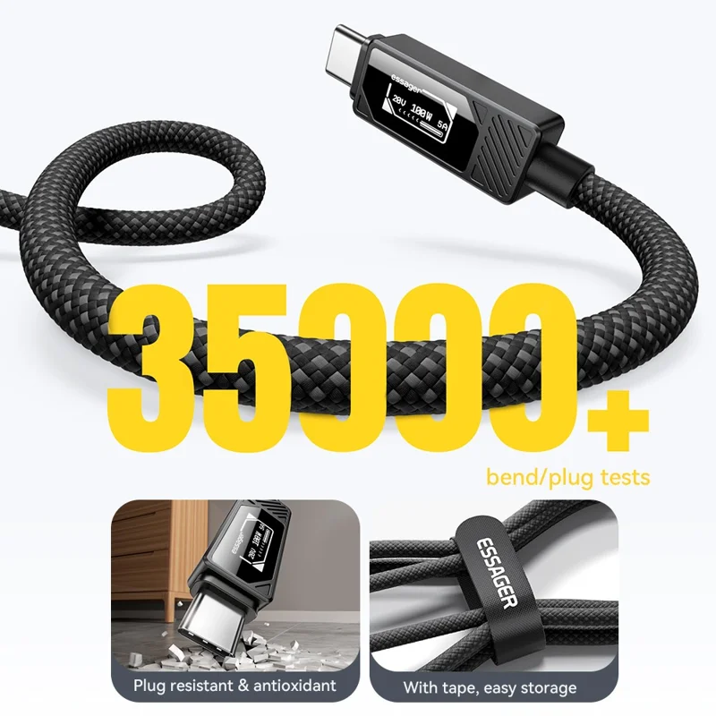 ESSAGER Type-C to Type-C Smart Display Cable 100W Power Delivery 480Mbps Data Transfer Cable 0.25m