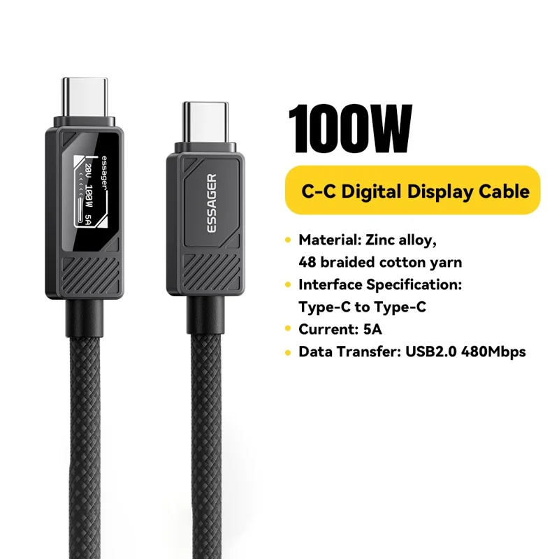 ESSAGER Type-C to Type-C Smart Display Cable 100W Power Delivery 480Mbps Data Transfer Cable 1m