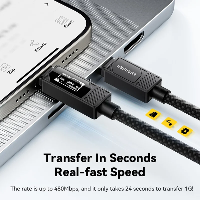 ESSAGER Type-C to Type-C Smart Display Cable 100W Power Delivery 480Mbps Data Transfer Cable 1m