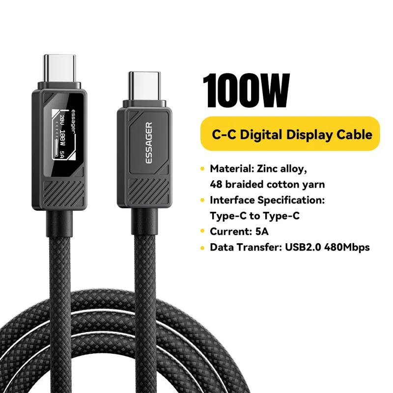 ESSAGER Type-C to Type-C Smart Display Cable 100W Power Delivery 480Mbps Data Transfer Cable 2m