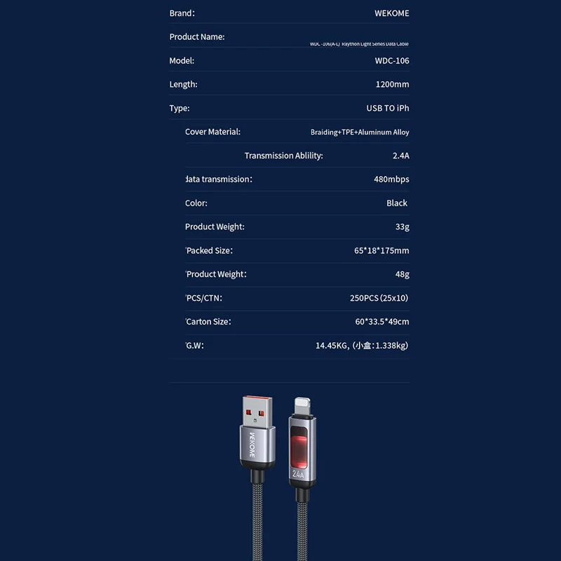 WEKOME WDC-106 1.2m 2.4A USB to iP Fast Charging Charger Cable Overload Protection Data Cable - Black