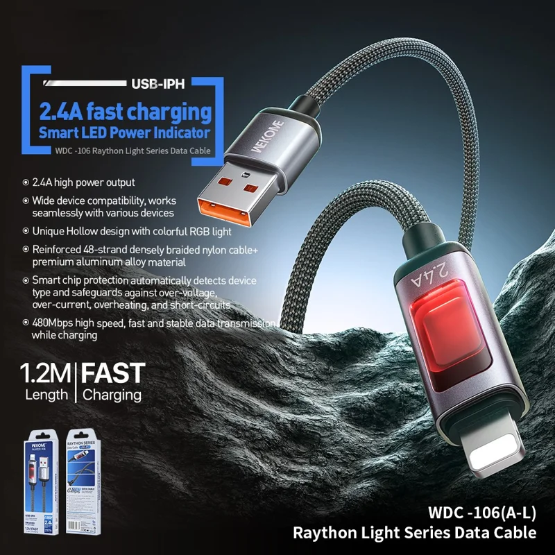 WEKOME WDC-106 1.2m 2.4A USB to iP Fast Charging Charger Cable Overload Protection Data Cable - Black