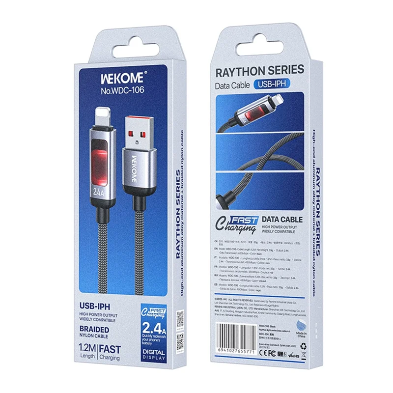 WEKOME WDC-106 1.2m 2.4A USB to iP Fast Charging Charger Cable Overload Protection Data Cable - Black