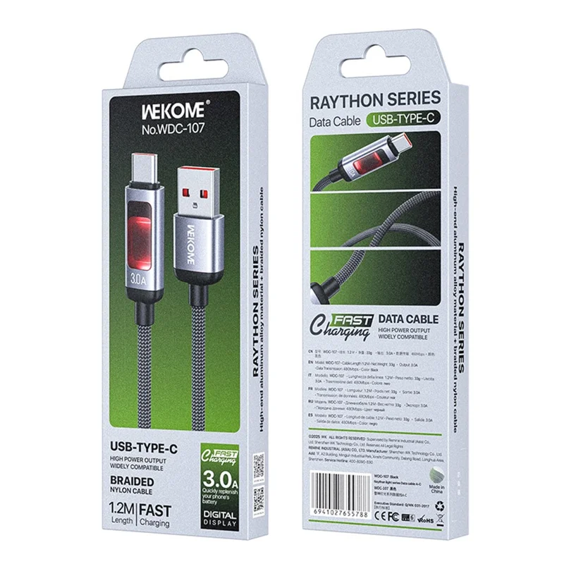 WEKOME WDC-107 1,2 m 3,0 A snabbladdningskabel USB till Type-C 480 Mbps dataöverföringskabel för telefon / surfplatta – Svart