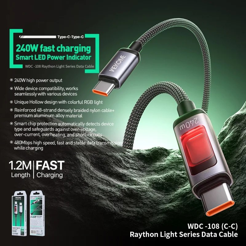 كابل شحن WEKOME WDC-108 من نوع Type-C إلى Type-C بطول 1.2 متر، بقدرة شحن سريع 240 واط، وكابل مجدول لنقل البيانات بسرعة 480 ميغابت في الثانية - أسود