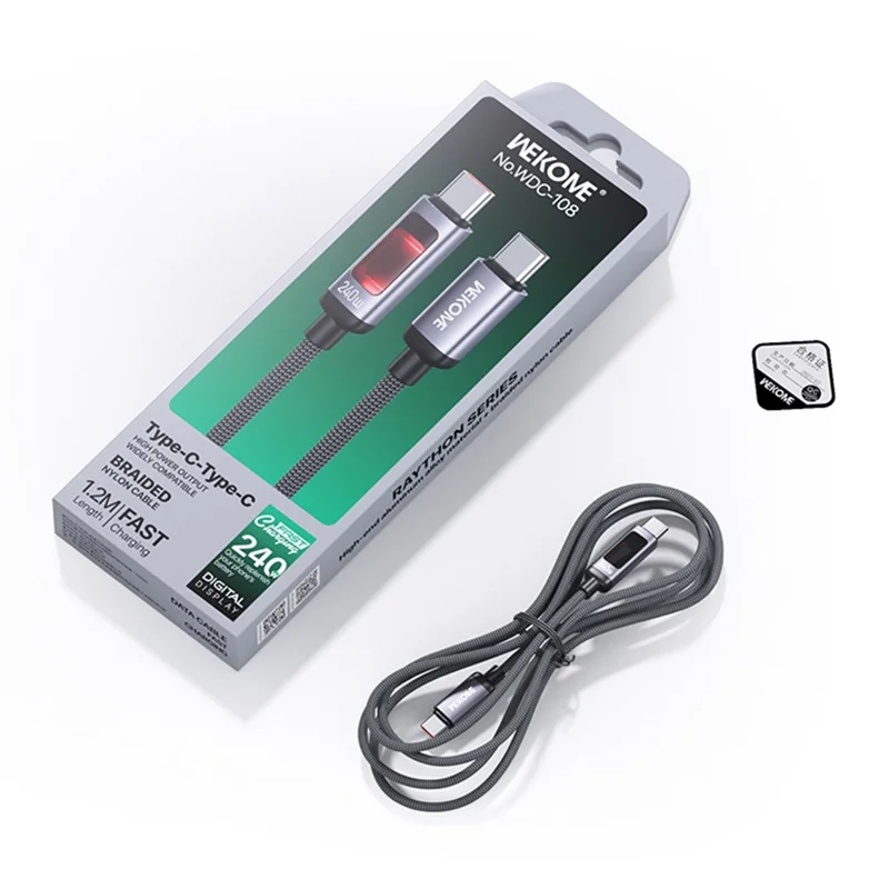 كابل شحن WEKOME WDC-108 من نوع Type-C إلى Type-C بطول 1.2 متر، بقدرة شحن سريع 240 واط، وكابل مجدول لنقل البيانات بسرعة 480 ميغابت في الثانية - أسود