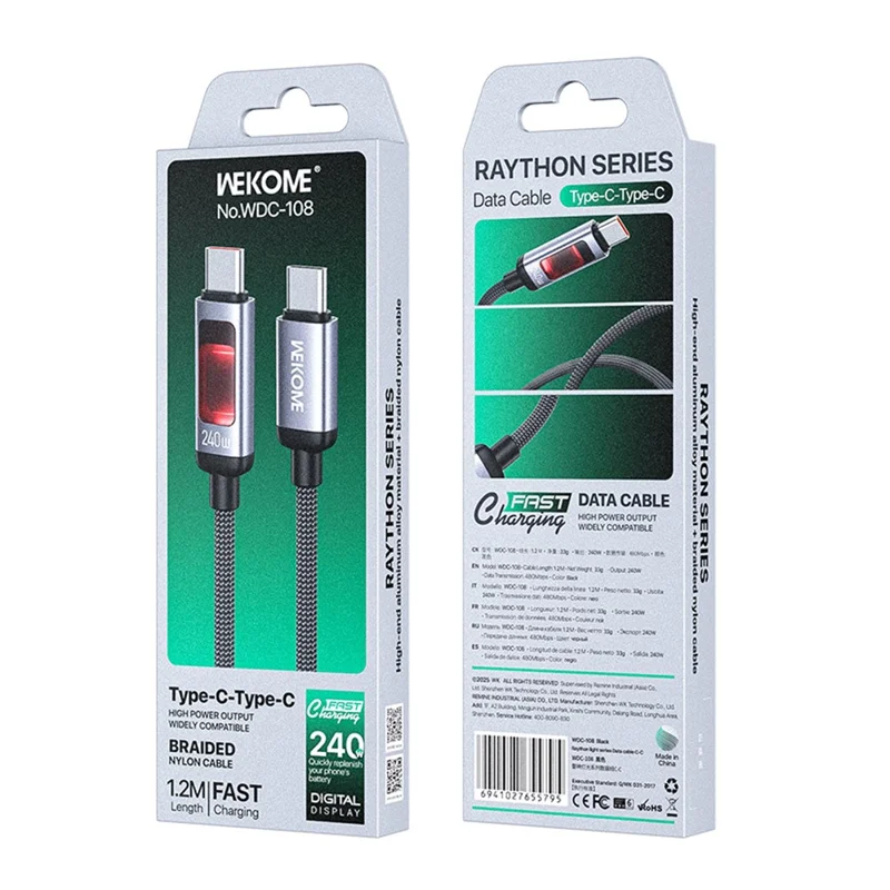 كابل شحن WEKOME WDC-108 من نوع Type-C إلى Type-C بطول 1.2 متر، بقدرة شحن سريع 240 واط، وكابل مجدول لنقل البيانات بسرعة 480 ميغابت في الثانية - أسود