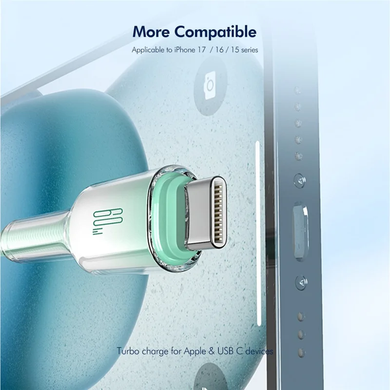 ENKAY HAT PRINCE 2m PD 60W Type-C to Type-C Cable Gradient Ice Clear Braided Transfer Cord for iPhone 17 / 16 / 15 Series / Android - Green