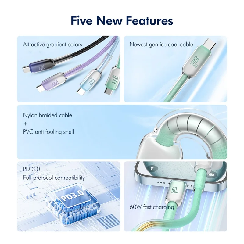 ENKAY HAT PRINCE 2m PD 60W Type-C to Type-C Cable Gradient Ice Clear Braided Transfer Cord for iPhone 17 / 16 / 15 Series / Android - Green